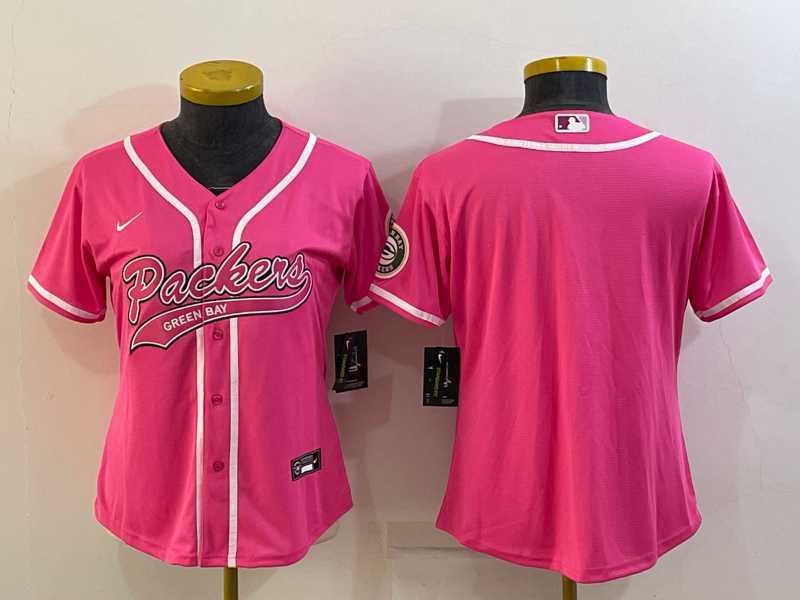 Womens Green Bay Packers Blank Pink With Patch Cool Base Stitched Baseball Jersey->women nfl jersey->Women Jersey